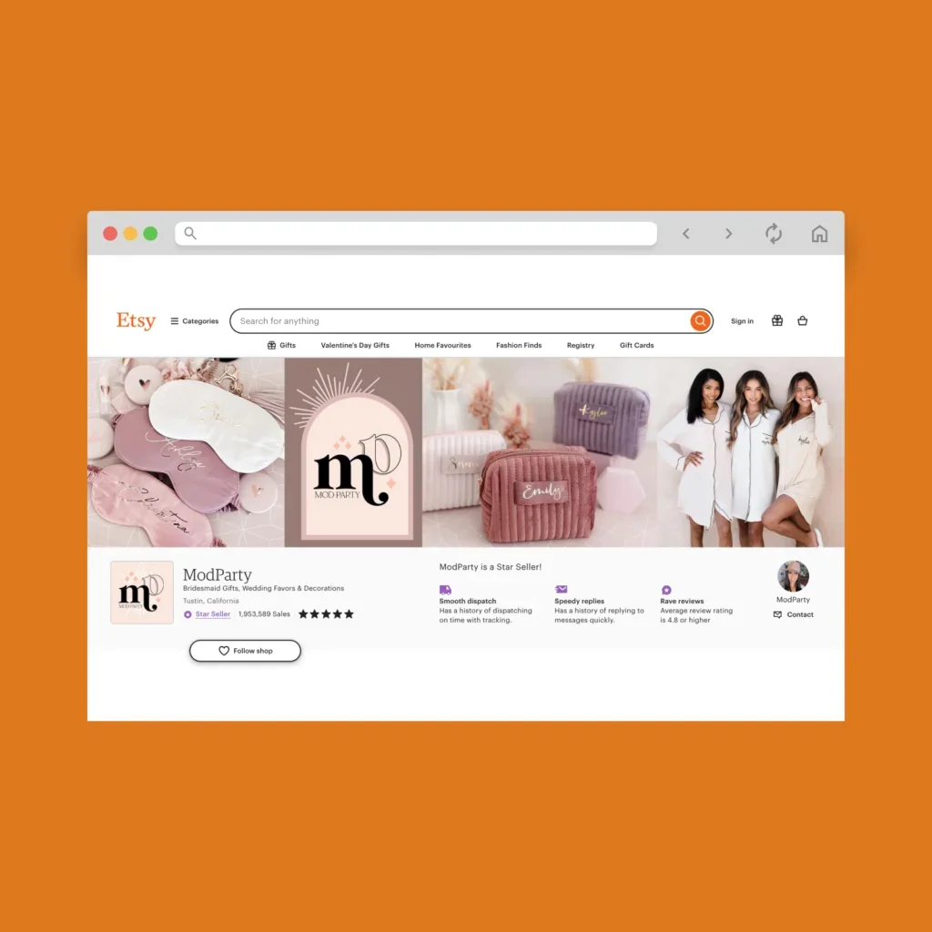 ModParty Etsy shop hero section screenshot.