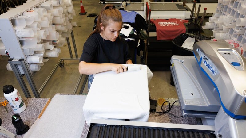 A close-up of a custom t-shirt made using DTF printing.