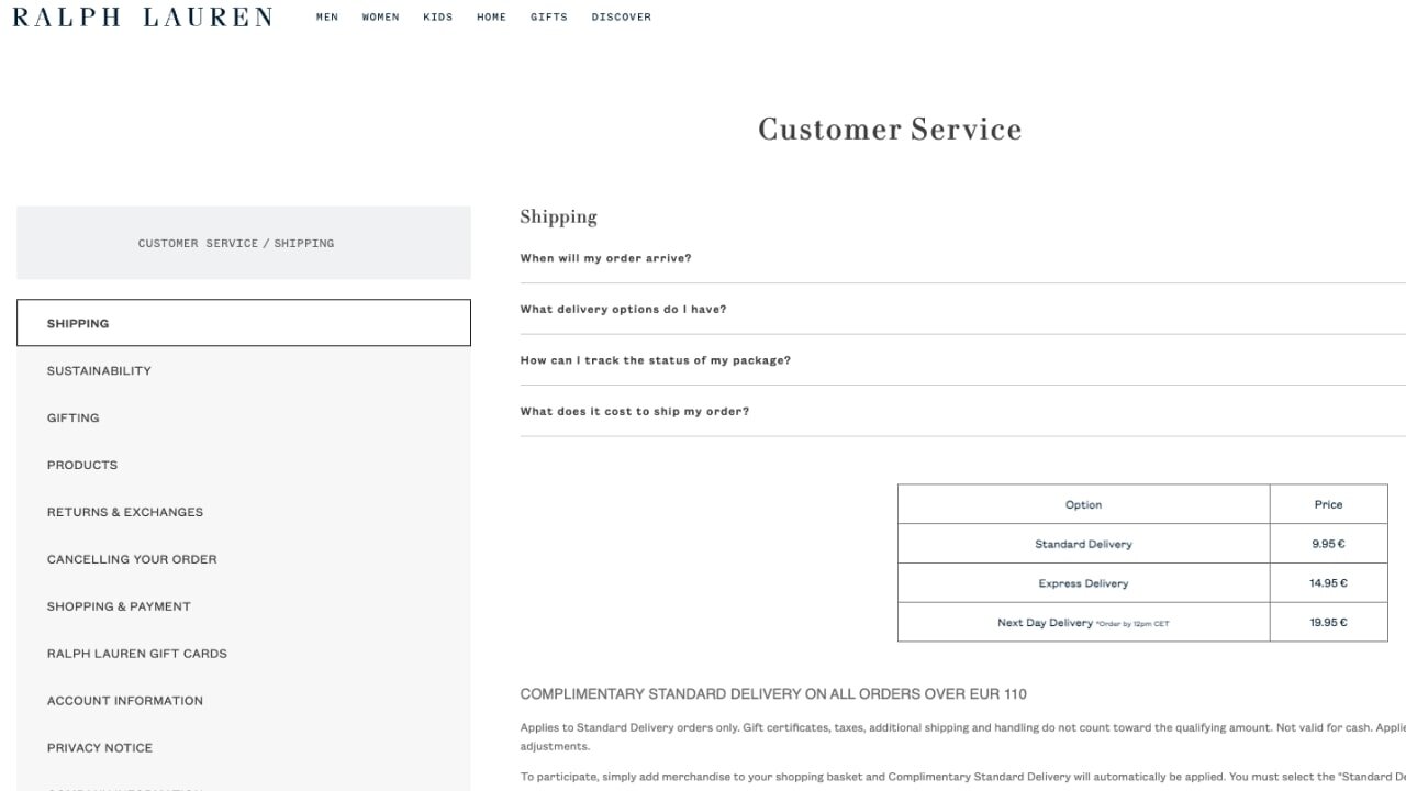 FAQ section about Shipping on the Ralph Lauren website, answering questions about delivery options, shipping costs, and more.