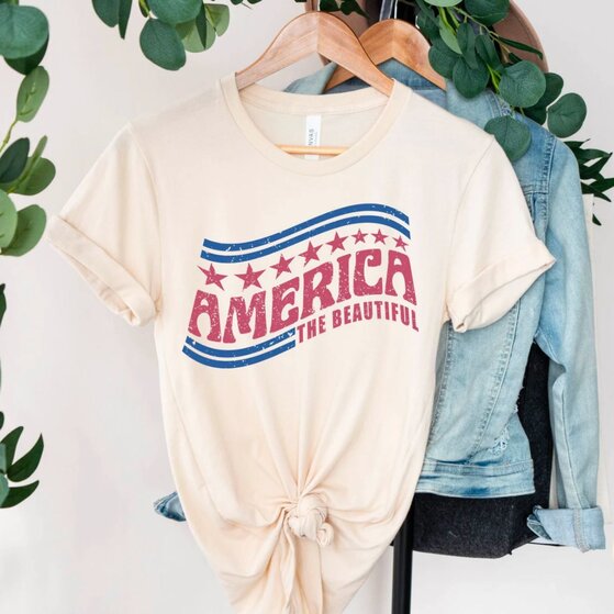 White vintage 4th of July-themed t-shirt with stars.