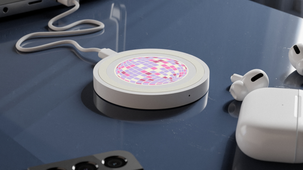 A wireless charger with a custom print on top of it.