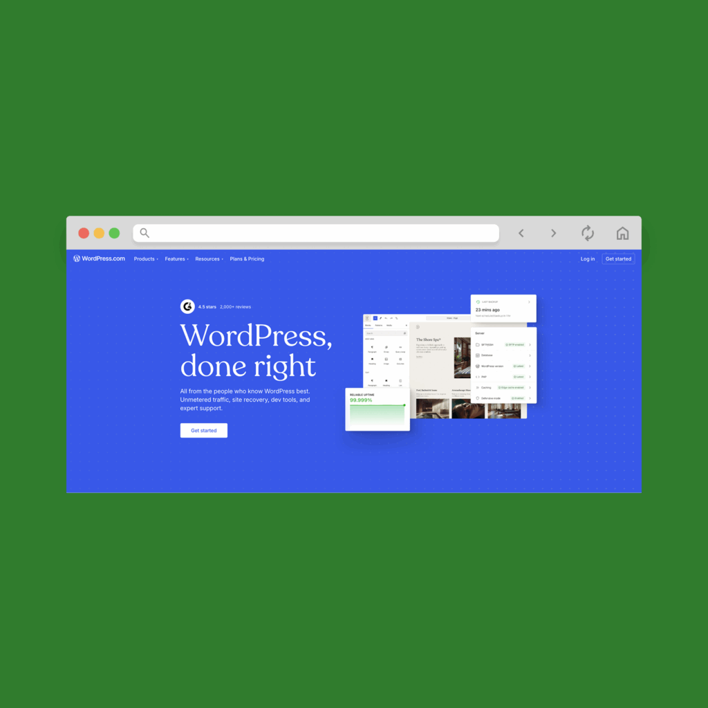 WordPress.com homepage hero section screenshot mockup.