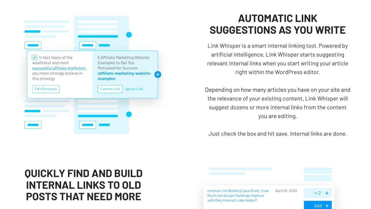 Link Whisper homepage promoting its feature of automatic link suggestions during the writing process.