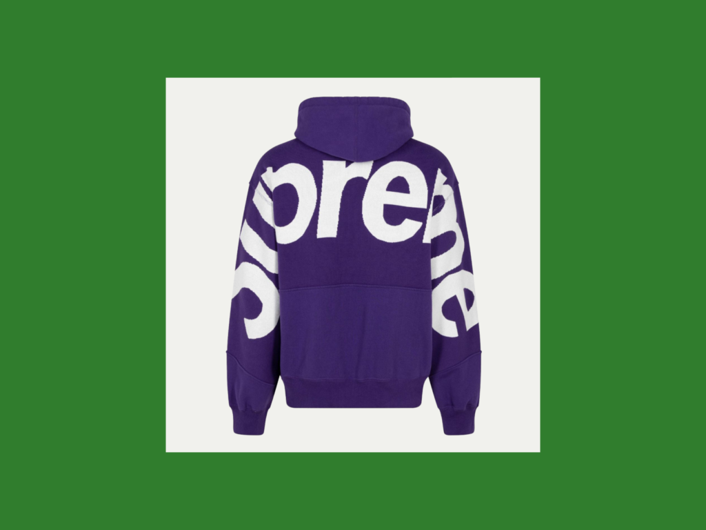 A screenshot of a purple Supreme hoodie with the logo placed on both sleeves.
