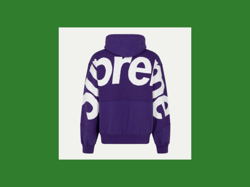 A screenshot of a purple Supreme hoodie with the logo placed on both sleeves.