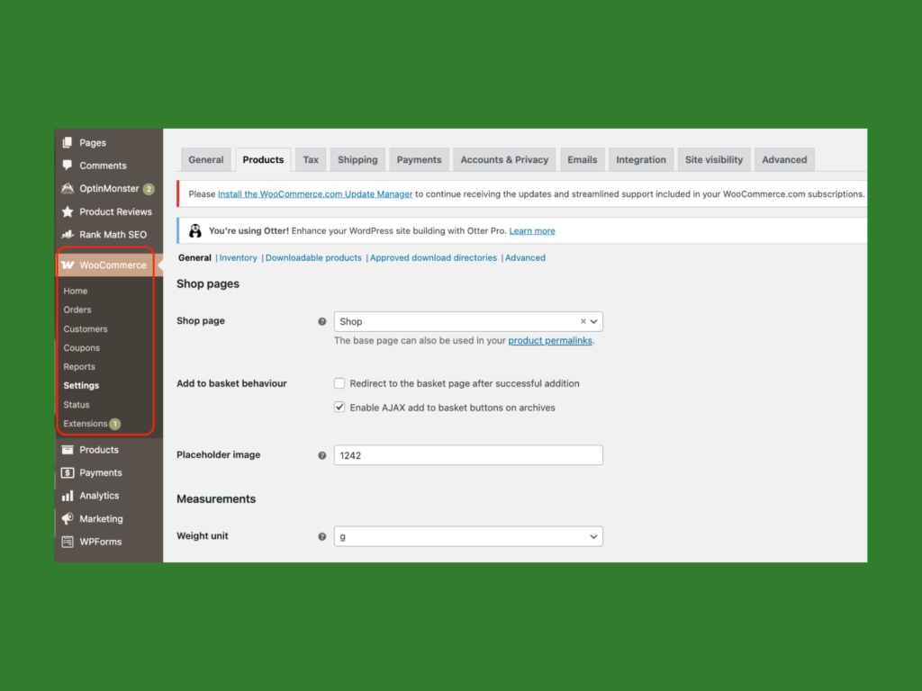 A screenshot showing WooCommerce settings.