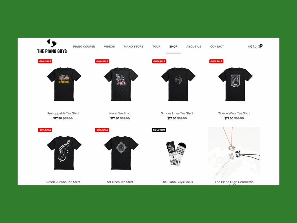The Piano Guys online store screenshot mockup.