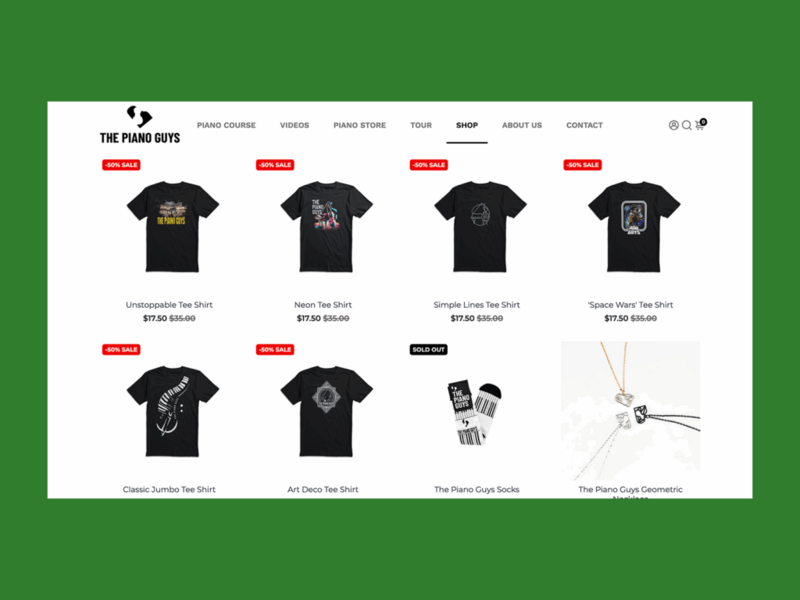 The Piano Guys online store screenshot mockup.