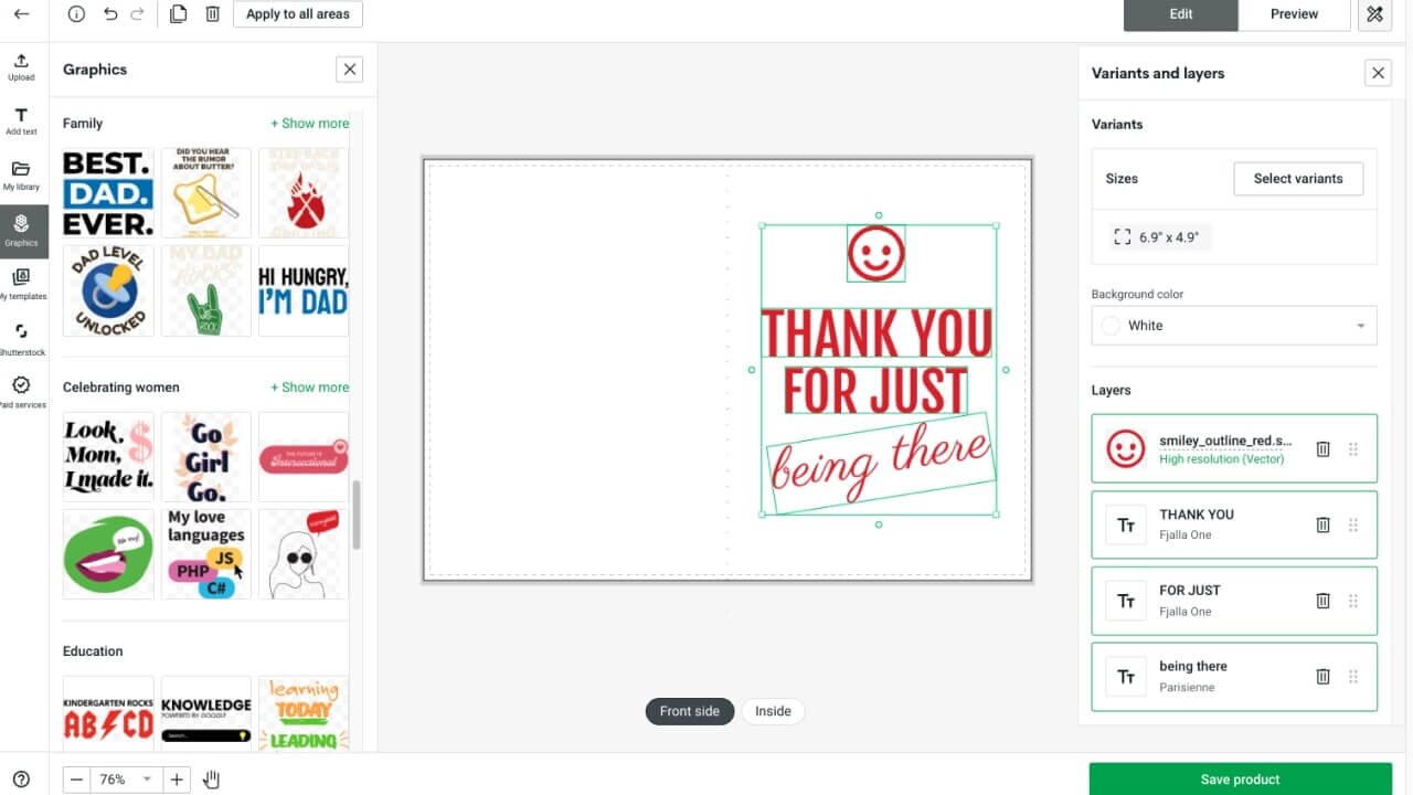 Greeting card creation process example in Printify's Product Creator.