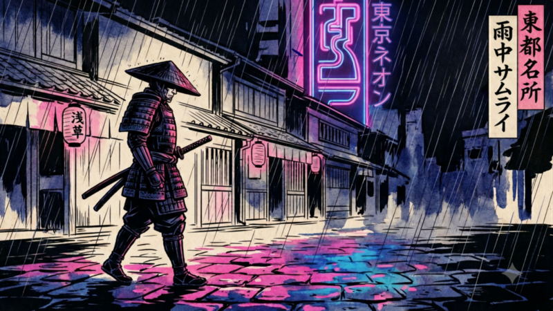 An AI-generated image of a cyberpunk samurai.
