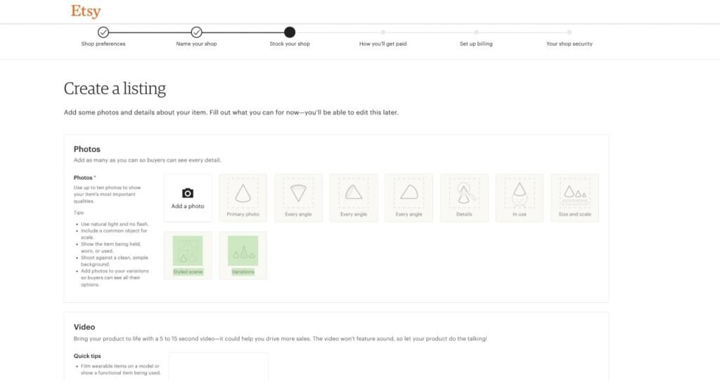 A screenshot of Etsy's "Create a listing" page that asks to add a photo and fill in other listing details.