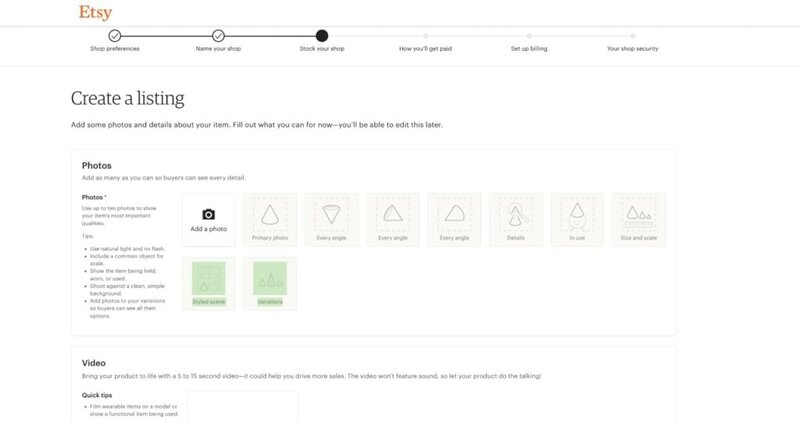A screenshot of Etsy's "Create a listing" page that asks to add a photo and fill in other listing details.