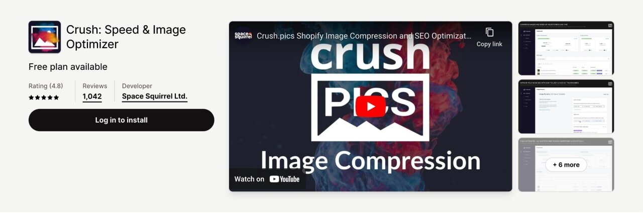 Crush Speed and Image Optimizer Shopify SEO app screenshot from the Shopify app store.
