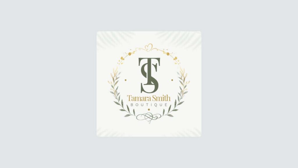 A logo for a boutique with “TS” initials in dark green, and floral elements around it.