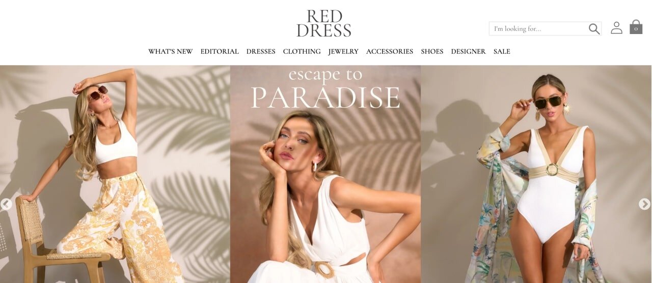 The homepage of the Red Dress Boutique Shopify store