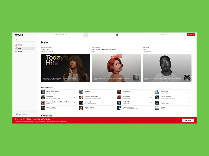 Apple Music interface displaying "Today's Hits" and new releases featuring three artists.