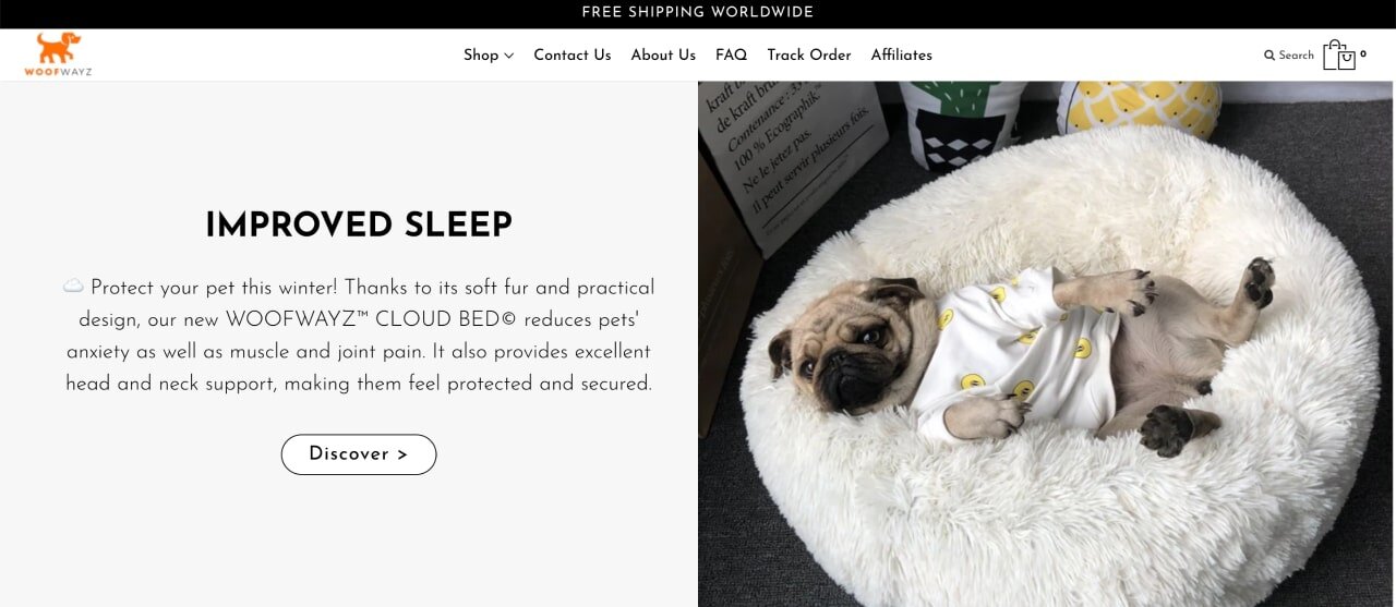The homepage of the WoofWayz Shopify store