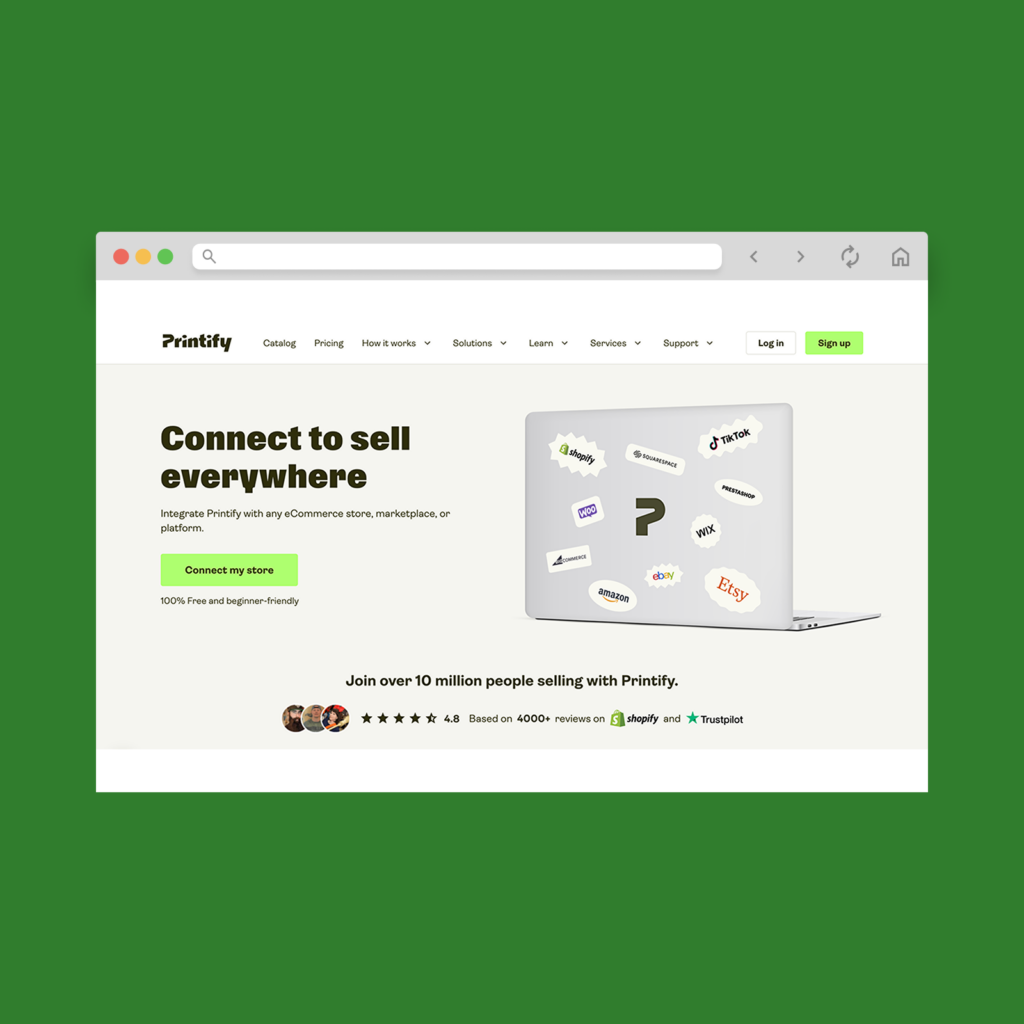 Printify’s integration landing page hero section screenshot mockup.