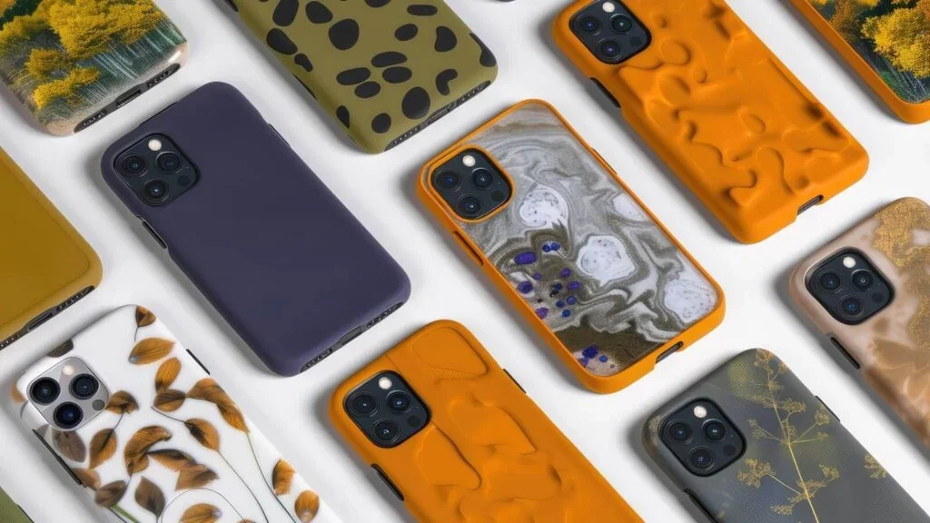 A bunch of phones with different phone cases on the table.