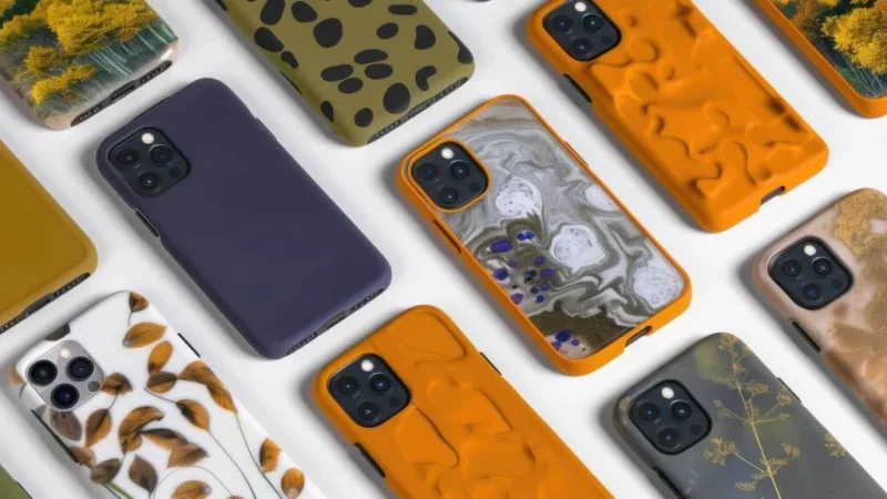 A bunch of phones with different phone cases on the table.