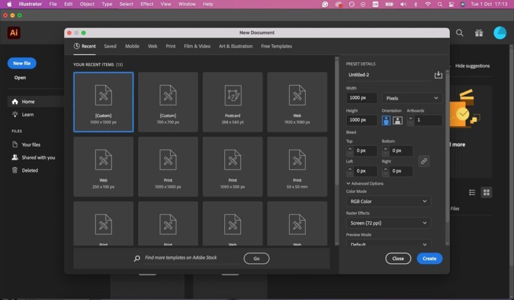Adobe Illustrator new document creation window.