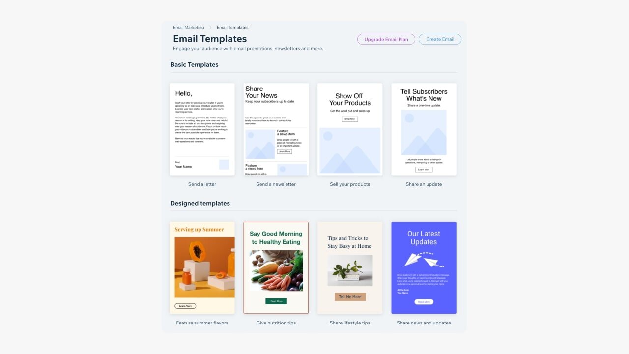 Wix email marketing - templates