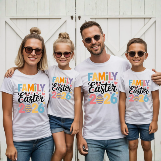 A smiling family of four wearing matching white t-shirts with "Family Easter 2026" in colorful text. They stand against a white barn.