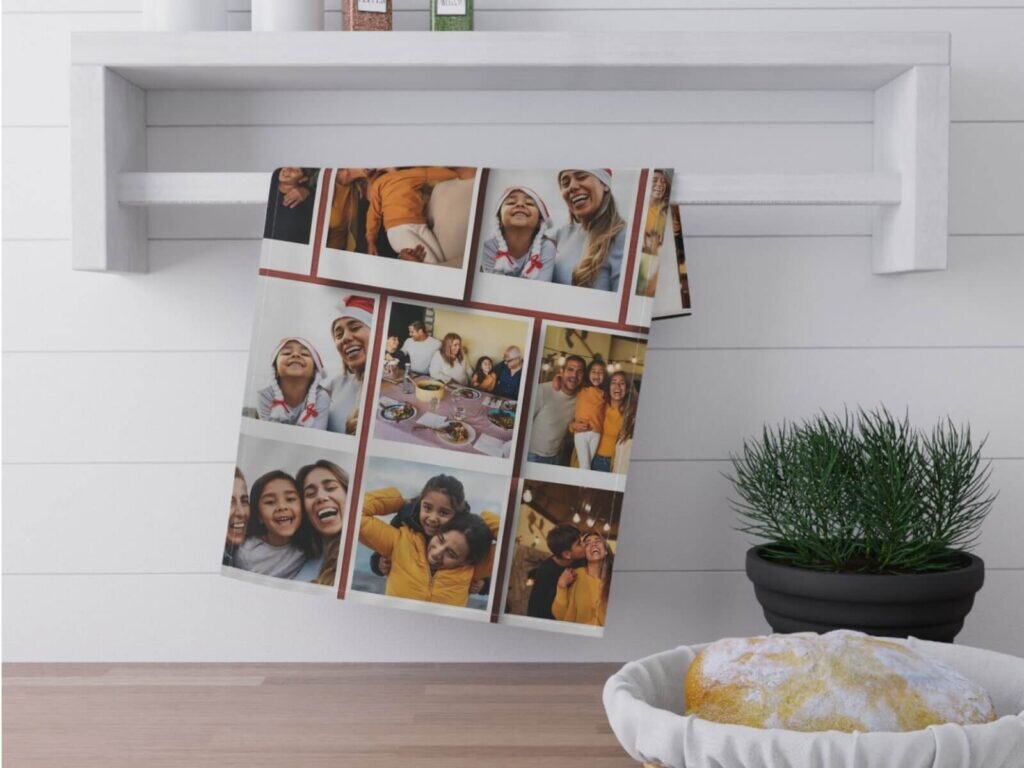 Custom microfiber towel printed with various pictures.