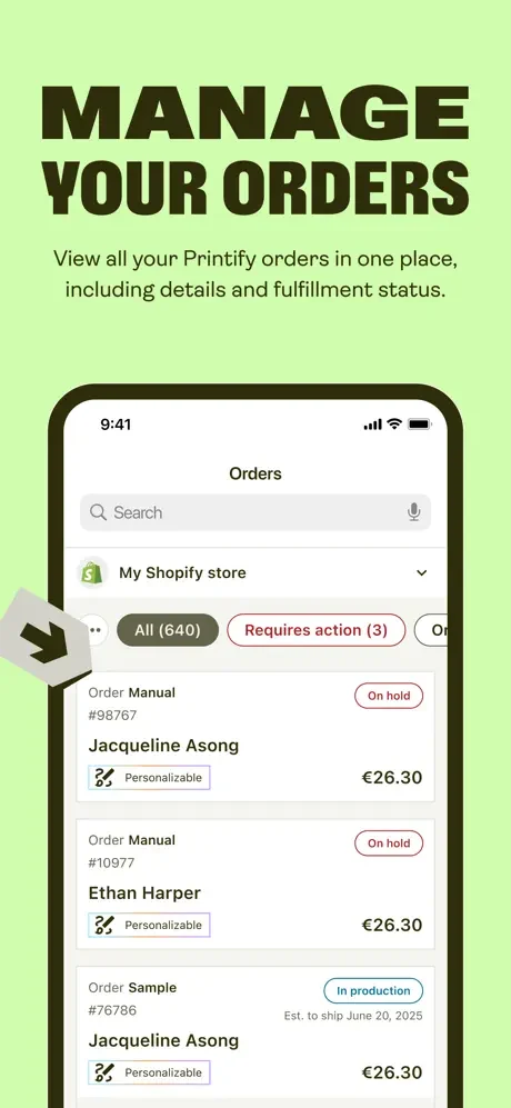 Manage orders screen in the Printify app