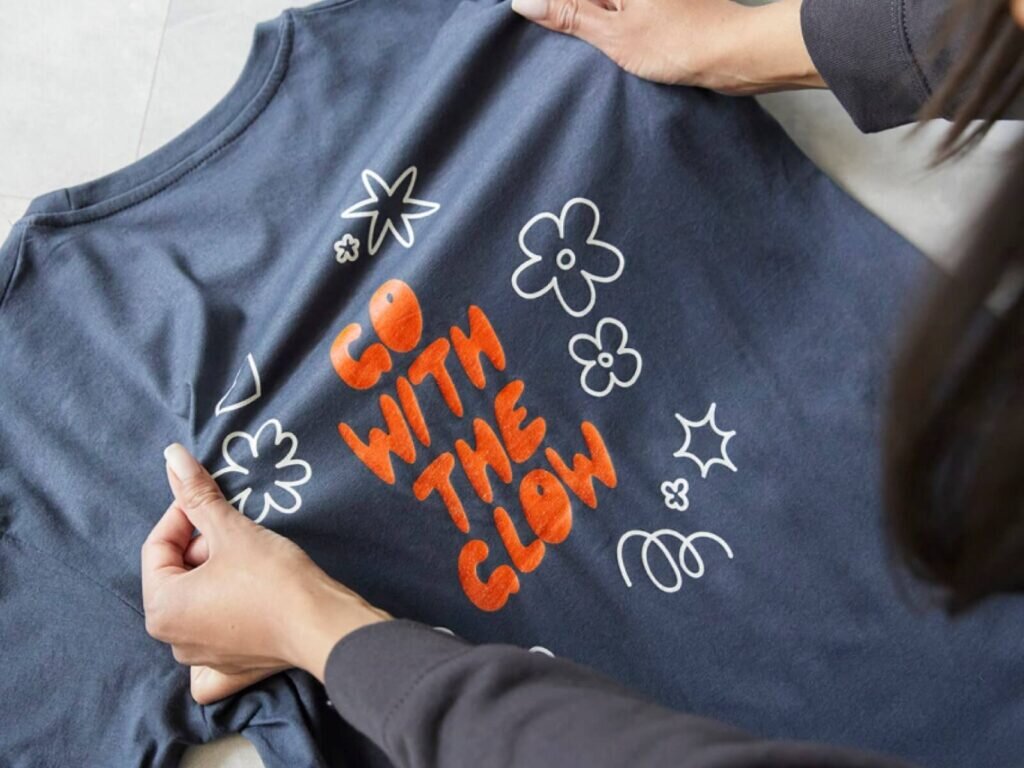 Custom “Go With the Glow” t-shirt in blue.