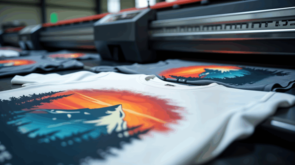 T-shirts with a mountain-themed print next to a printer.