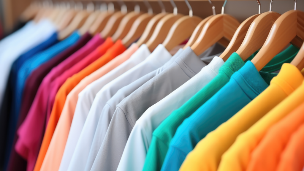 T-shirts in multiple colors on hangers.