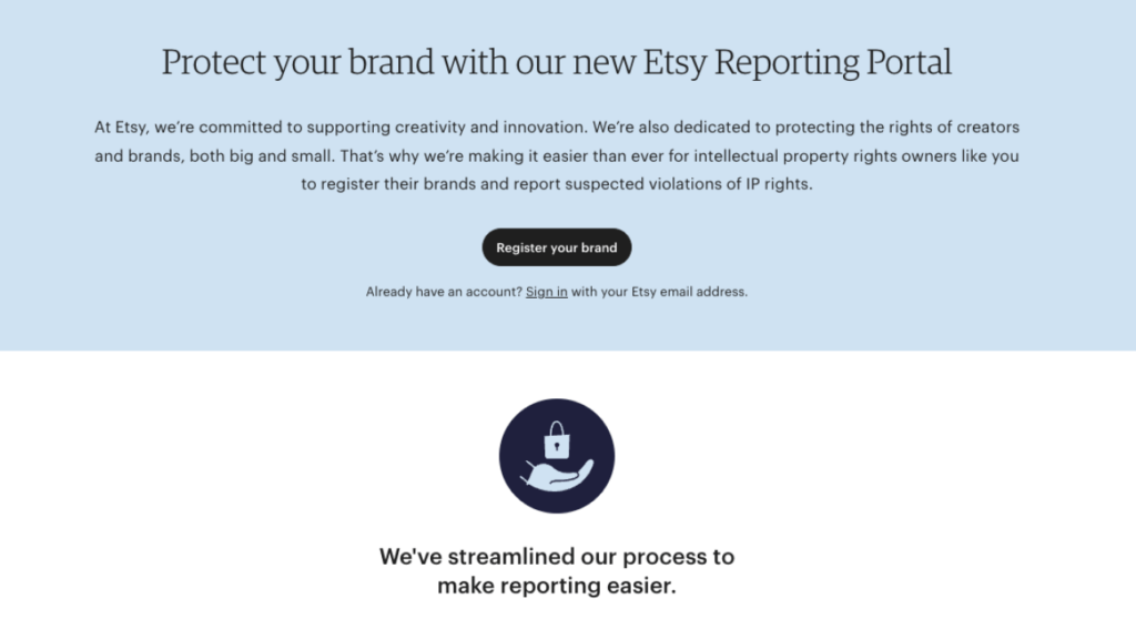 Text saying “Protect your brand with our new Etsy Reporting Portal” and a CTA “Register your brand.”