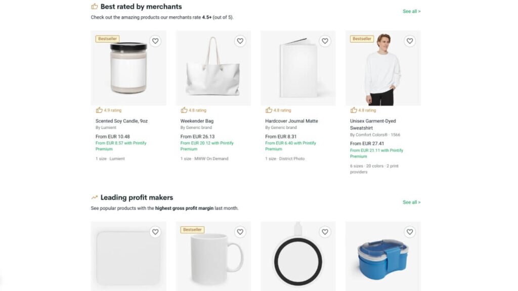 Printify's product Catalog showcasing its best-rated and most profitable products.