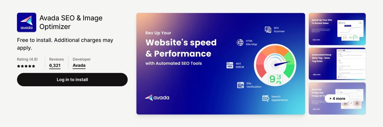Avada SEO and Image Optimizer Shopify SEO app screenshot from the Shopify app store.