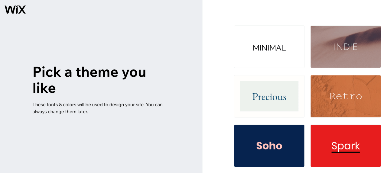 Wix prompts you to pick a theme for your website. Choose between different colors, fonts, and style combinations.