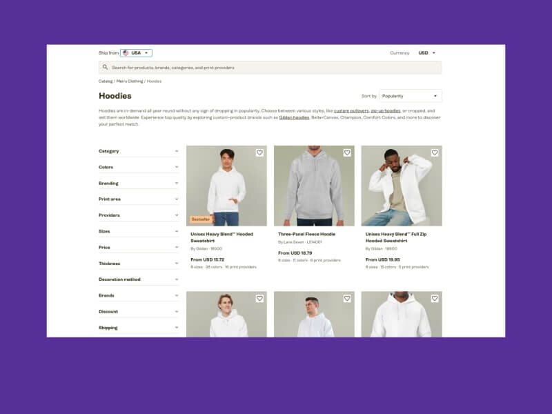 Hoodie selection in Printify's Product Catalog.