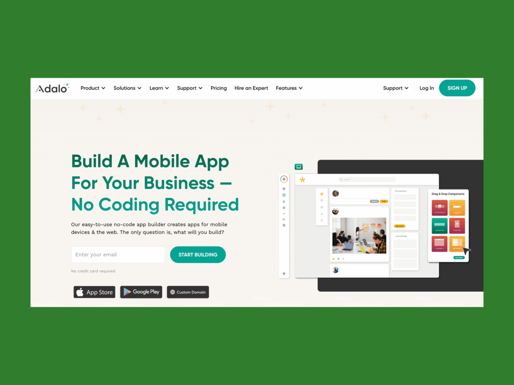 Adalo’s homepage hero section screenshot mockup as an example of a top saas company.
