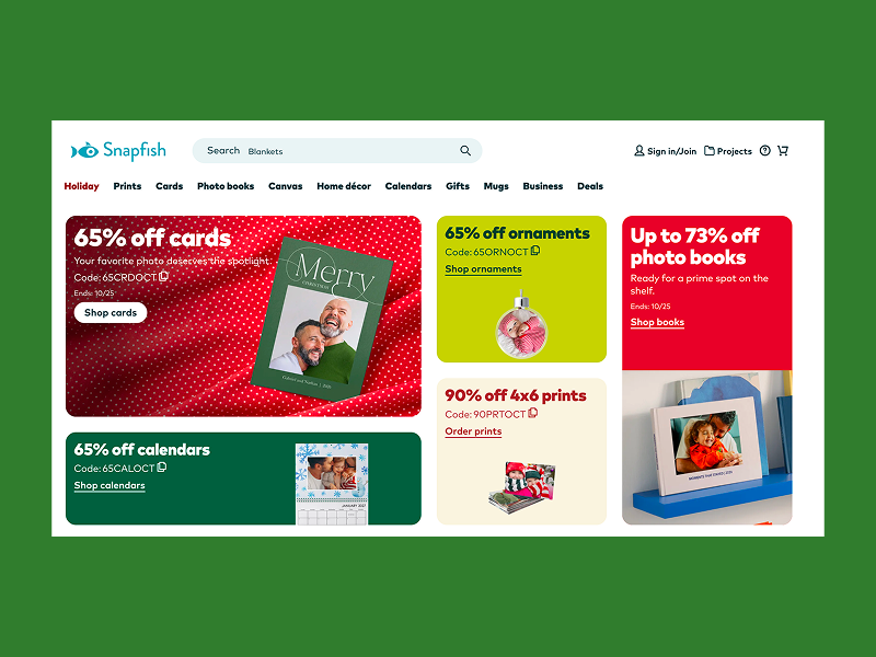 Snapfish homepage with discounts on cards, calendars, and photo books.