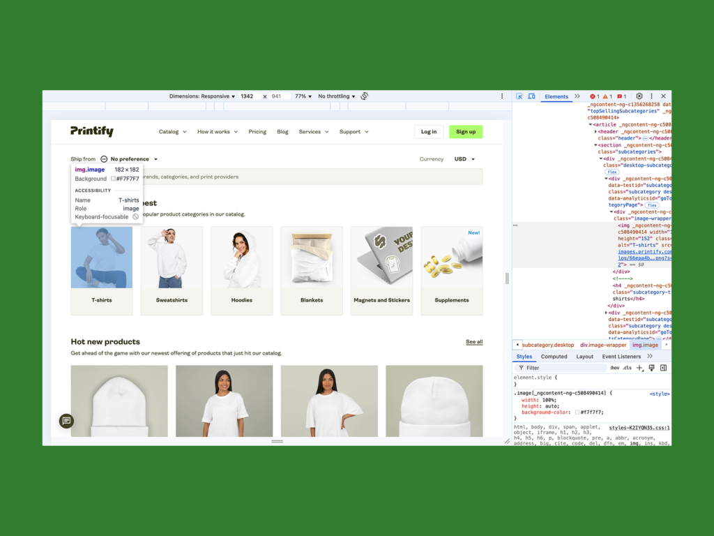 A screenshot mockup showing how to find image sizes on a website using the code inception tool.