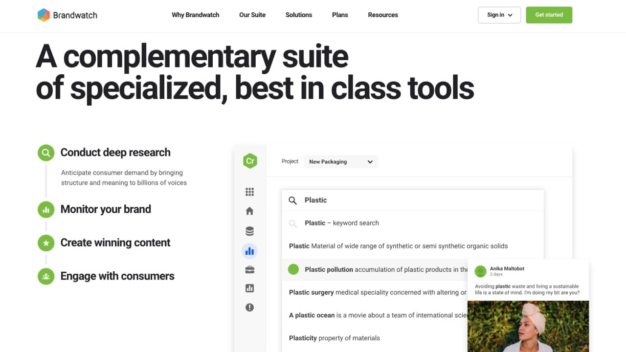 Brandwatch homepage, promoting its suite of features for creating content and engaging with customers.