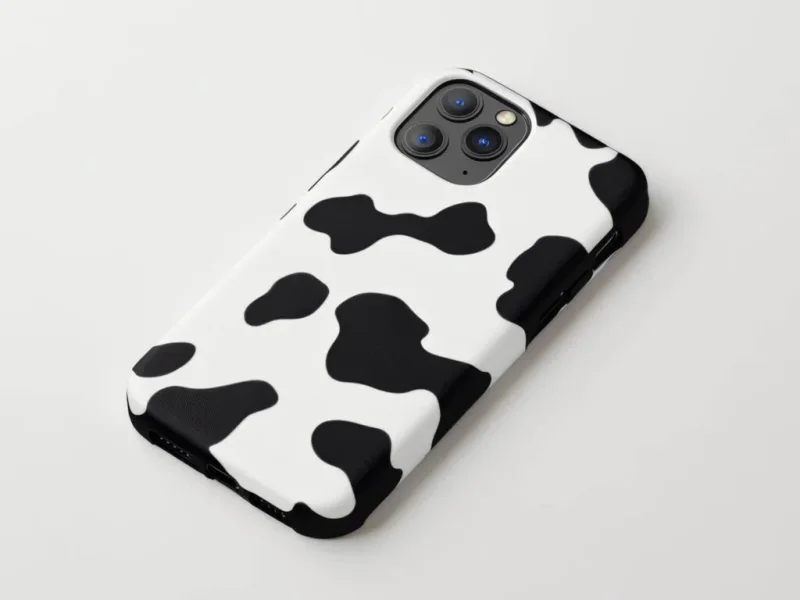 A phone with an animal-print phone case.