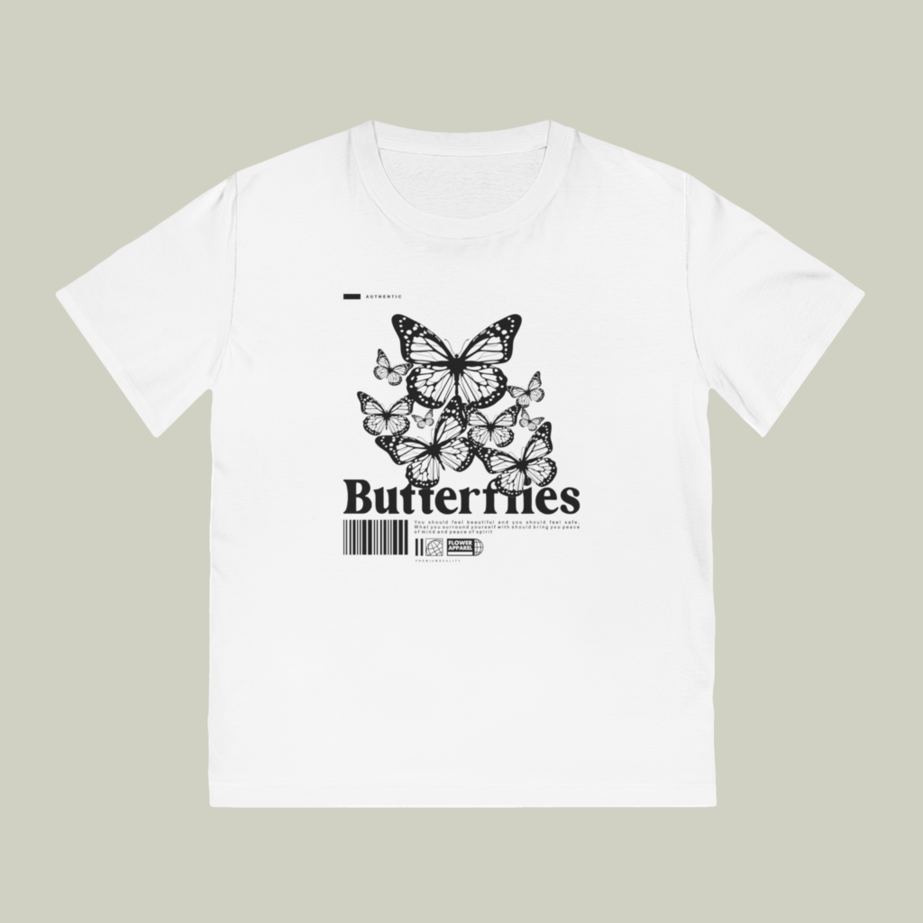 An eco-friendly t-shirt mockup with a black and white print.