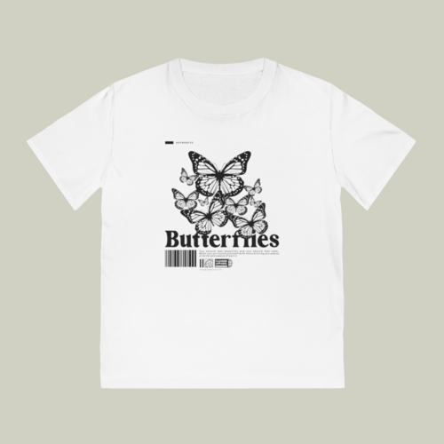 An eco-friendly t-shirt mockup with a black and white print.