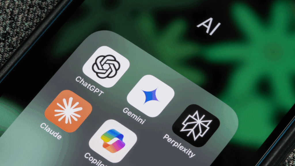 An iPhone screen displaying various AI app icons arranged on the home screen.