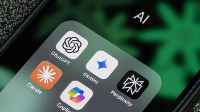 An iPhone screen displaying various AI app icons arranged on the home screen.