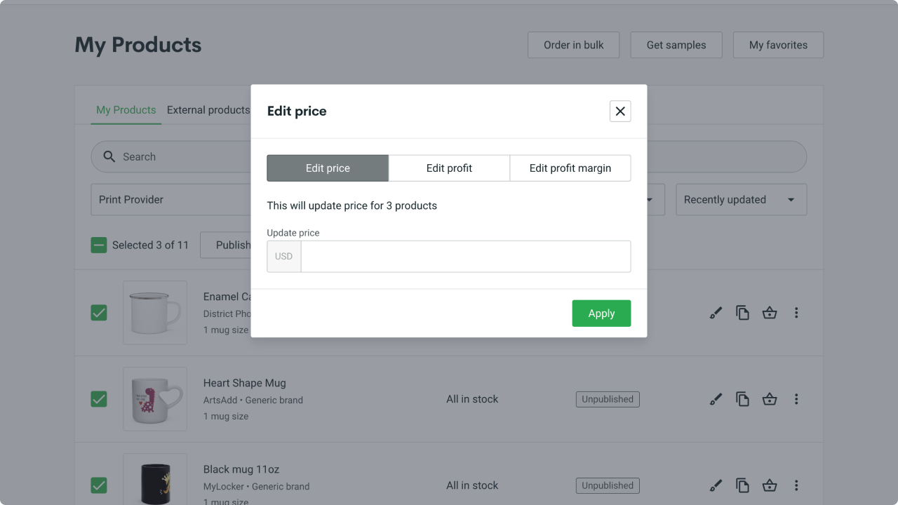 A screenshot of an Edit price window, prompting you to edit the price, profit, or profit margin for all selected items.