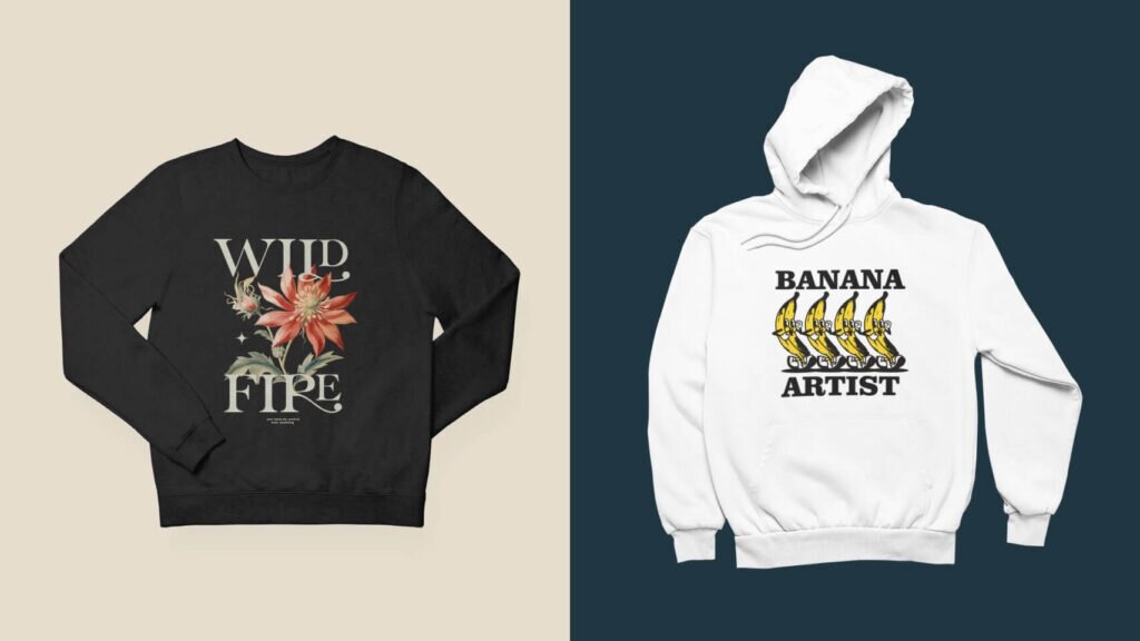 A black sweatshirt with "Wilde Fire" text and flower design, and a white hoodie with "Banana Artist" print.
