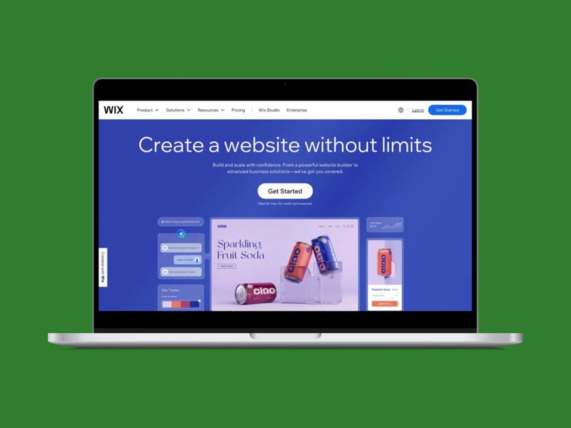 A screenshot of the Wix homepage hero section on a laptop screen with a green background.