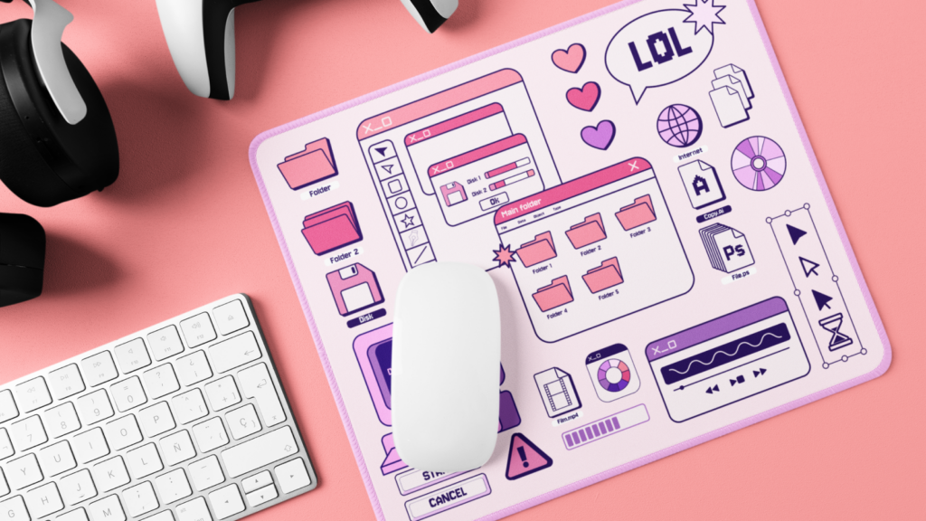 A custom mouse pad with a print of illustrated operating system elements.